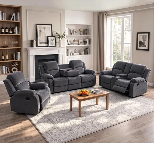 Vista 10 de Juego de sofá reclinable de 2 piezas, sofá reclinable de tela y sofá biplaza para sala de estar, sofá reclinable azul para sala de estar, oficina