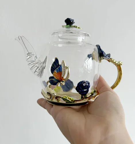 Vista 8 de Tetera creativa de cristal de flores para té de Kung Fu, buen regalo para hermana, mamá, abuela, profesores (rosa azul)