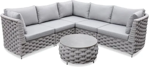 Vista 40 de Juego de muebles de cubierta: 3 piezas de sofá de conversación de patio de cuerda tejida de aluminio para 2, cómodos cojines para sofá y mesa