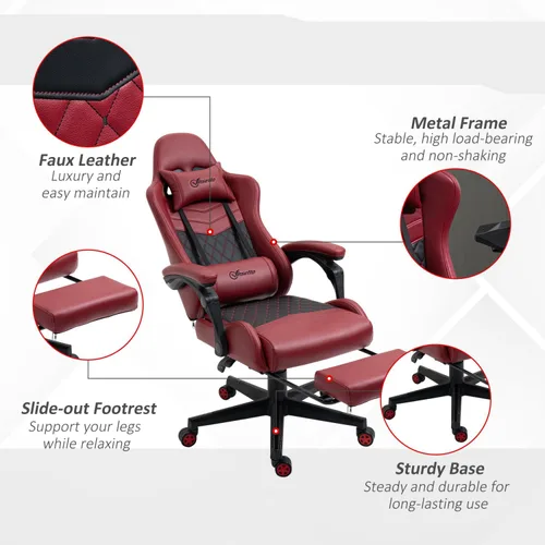 Vista 7 de Silla para juegos de carreras: respaldo alto, giratorio, reclinable con reposapiés ajustable y soporte lumbar, piel sintética de diamante, color rojo