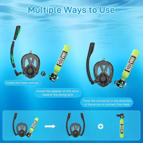 Vista 4 de Mini tanque de buceo con máscara de esnórquel 0.5L, tanque de buceo inflable con máscara de cara completa, botella de reserva Pony, tanque de aire