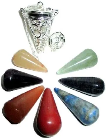 Vista 4 de Jet International Jaula Chakra Péndulo 2" Cono de Chakra Intercambiable Plata con Bolsa de Divinación Wicca SíNo Pagano (Om)