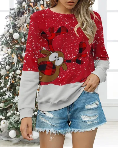 Vista 3 de LUKYCILD Sudadera fea de Navidad para mujer, diseño de reno, muñeco de nieve, cuello redondo, manga larga, sin botones