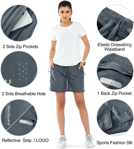 Vista 46 de NORTHYARD Pantalones cortos deportivos de senderismo para mujer, de secado rápido, ligeros, para gimnasio, entrenamiento, con 3 bolsillos
