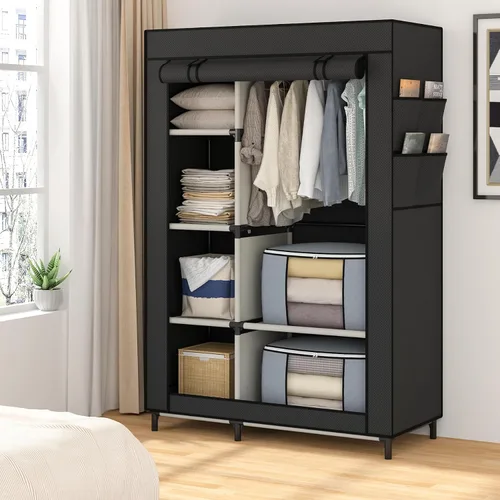 Vista 5 de Calmootey Armario portátil, armario con 6 estantes y barra para colgar, organizador de almacenamiento para dormitorio, funda de tela no tejida con 4
