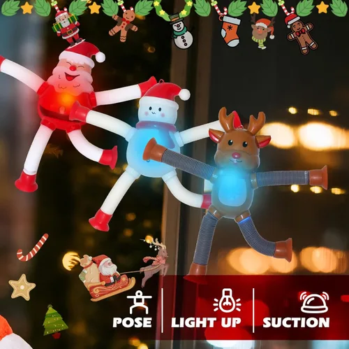 Vista 3 de Tubos Pop de Navidad con LED que se Iluminan 4 Piezas Juguetes Sensoriales Fidget, Juguetes de Santa con Ventosa Telescópica Autismo Regalos