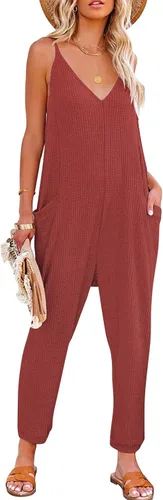 Vista 2 de Overol de moda para mujer, casual, sin mangas, cuello en V, tirantes delgados, pantalones largos, overoles holgados con bolsillos