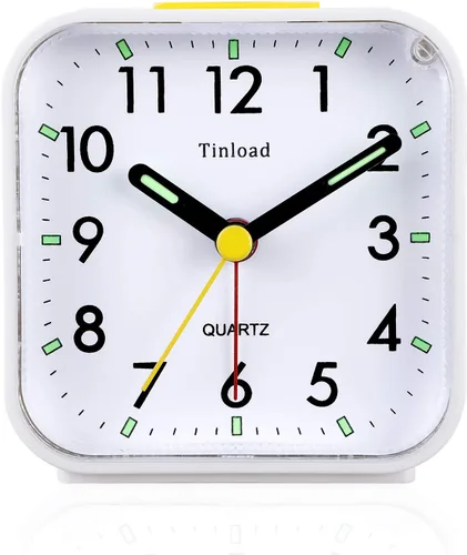 Vista 12 de Tinload Reloj despertador analógico de viaje con batería pequeño, silencioso, sin tictac, suave despertador, sonidos de pitido ascendente, Negro