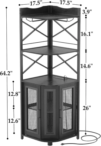 Vista 2 de Aheaplus Gabinete Bar de Esquina con Toma de Corriente, Gabinete de Vino Industrial con Tira LED y Portavasos, Gabinetes de Licores de 5 Niveles