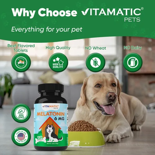 Vista 3 de Vitamatic Melatonina para perros – 6 mg – 120 comprimidos masticables con sabor a carne (paquete de 1))
