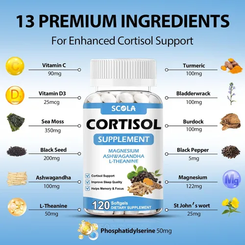 Vista 4 de SCOLA Suplemento de cortisol para mujeres y hombres con magnesio, Ashwagandha/L-teanina, administrador de desintoxicación de cortisol, reductor