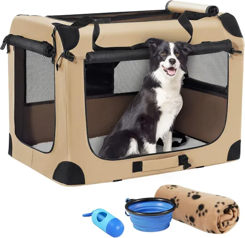 Vista 8 de Jaula portátil plegable para perros Petprsco, jaula de viaje para perros 24x17x17 con manta suave y cálida y cuenco plegable para gatos grandes