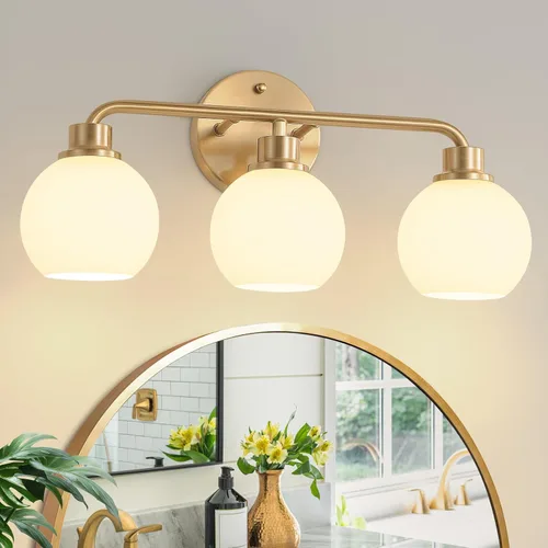 Vista 13 de Lámparas de baño doradas para tocador, 3 luces, apliques de pared, luces de latón cepillado con pantalla de vidrio martillado, lámpara de pared