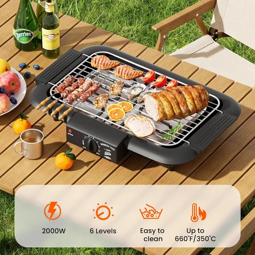 Vista 2 de Parrilla eléctrica para barbacoa, sin humo, antiadherente para interiores y exteriores, 2000 W, doble tubo de alta potencia, portátil, extraíble