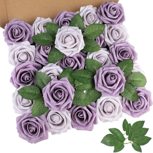 Vista 20 de AmyHomie 25 flores artificiales de aspecto real con tallo de rosa beige