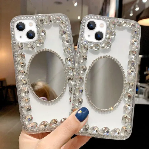 Vista 2 de Funda para iPhone 14 con purpurina y espejo, funda protectora de lujo con diamantes de imitación y diamantes de imitación 3D