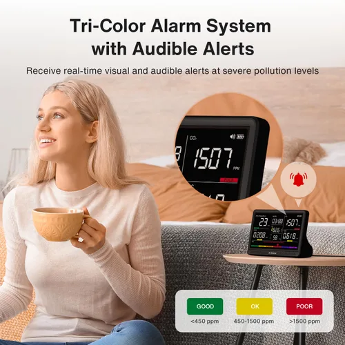 Vista 4 de Monitor de calidad del aire 16 en 1 para interiores, pantalla de 7 pulgadas, 9 alertas AQI+7 AQI, monitor de CO2 probador de calidad del aire