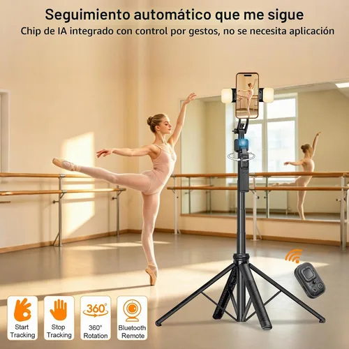 Vista 2 de Trípode de teléfono de 63 pulgadas con seguimiento automático de cara, rotación de 360° para selfie stick trípode para iPhone y cámara de acción
