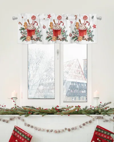Vista 5 de Cenefas de Navidad para ventanas, con bastón de caramelo de jengibre, cortina de cocina, cenefas de Navidad, bolsillo para barra, cortina de ventana