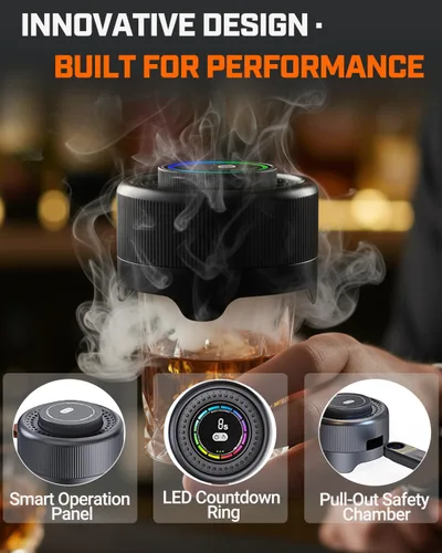 Vista 3 de Kit de ahumador eléctrico de whisky con niveles de humo ajustables y anillo de temporizador LED, kit de ahumador de cóctel recargable con 6 virutas