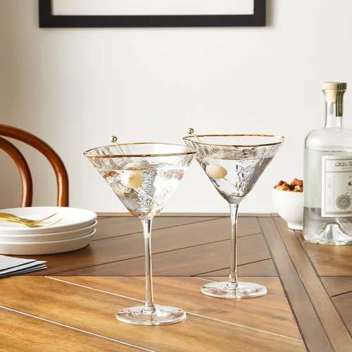 Vista 9 de Sisterly Drinkware - Juego de 2 vasos de Martini martillados transparentes – Vasos de cóctel hechos a mano con borde dorado con 2 púas chapadas