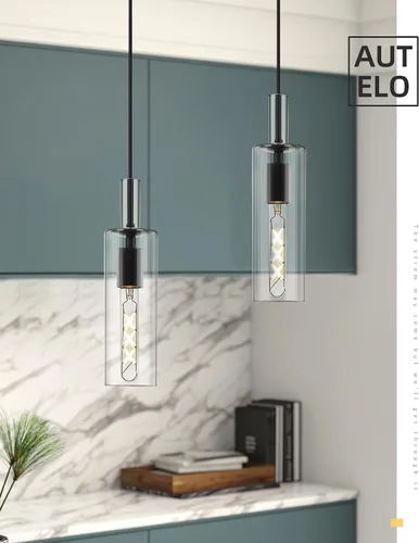 Vista 9 de AUTELO Lámparas Colgantes Modernas, Lámpara Colgante de Vidrio de 1 Luz, Luminarias Colgantes Industriales en Acabado de Metal Negro con Vidrio