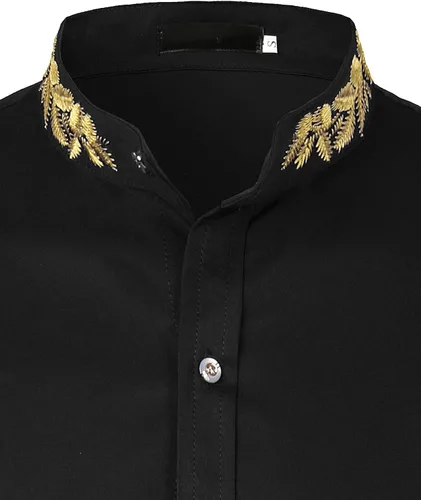 Vista 4 de ZEROYAA - Camisas de vestir para hombre estilo hipster con cuello mandarín bordado ajustadas de manga larga