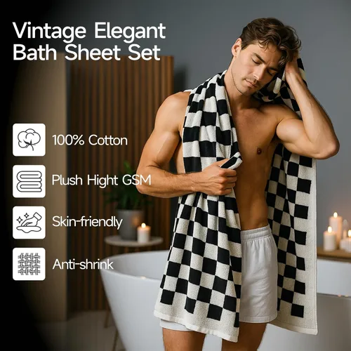 Vista 7 de REDKISS Juego de 2 toallas de baño a cuadros en blanco y negro, 2 toallas de ducha grandes para decoración de baño, toallas de baño de algodón
