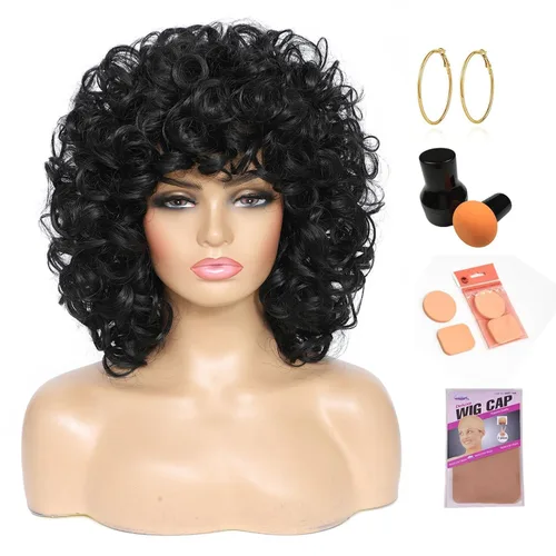 Vista 2 de Pelucas cortas y rizadas con flequillo para mujeres negras, peluca rizada afro afro, cabello sintético suave resistente al calor, peluca de aspecto