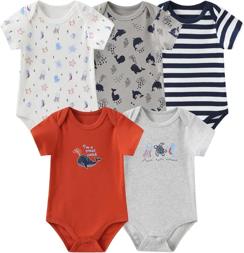 Vista 3 de Ropa unisex para bebés, paquete de 5 mamelucos de manga corta y 3 mamelucos con pies para bebé