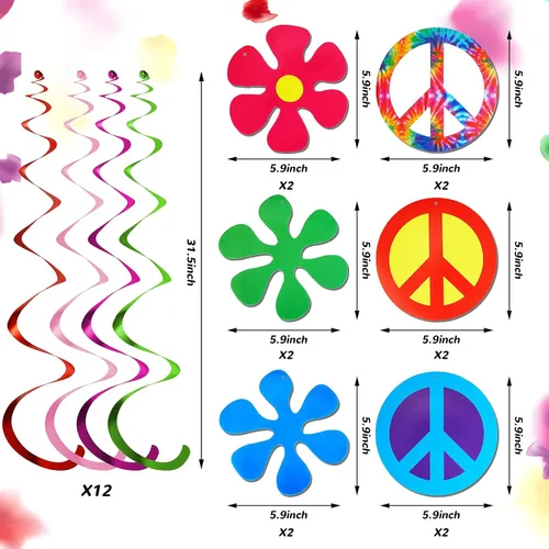 Vista 3 de Tenare 15 banderines de teñido anudado para fiesta de feliz cumpleaños, banderín y temática hippie de los años 60, decoración de remolinos