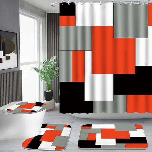 Vista 18 de Poedist Juego de 4 cortinas de ducha de baño, juegos de baño con alfombras (tapete de baño, forma de U y tapa de inodoro) y 12 ganchos, mármol