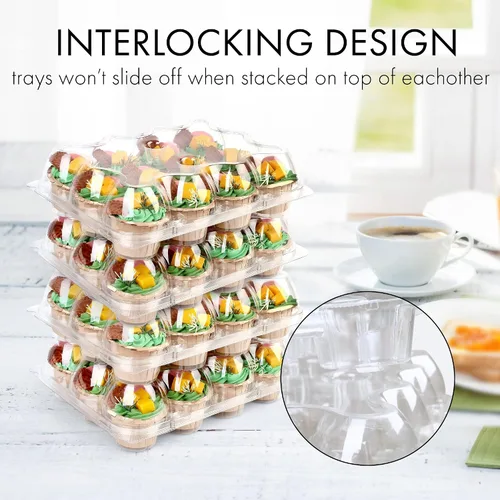Vista 3 de LotFancy (12 unidades x 5 juegos) recipientes para cupcakes con 60 forros, cajas apilables de plástico, soporte desechable para magdalenas con tapa