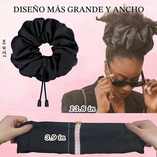 Vista 5 de 2 piezas de ligas para cabello ajustable Afro Puff, scrunchies de satén extra grandes, accesorios para Afro Puff duraderos sin daños, bandas