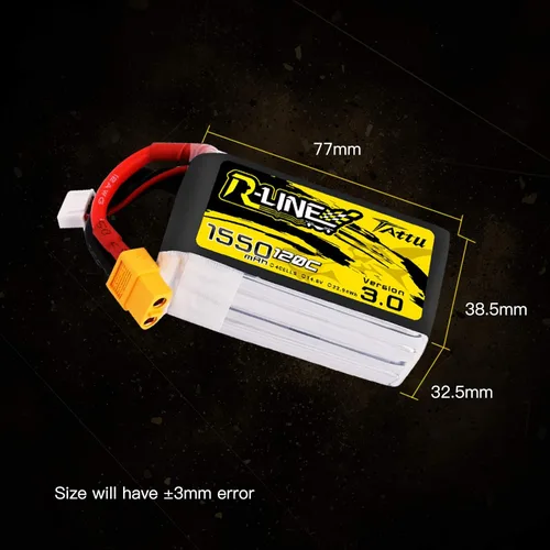 Vista 3 de TATTU R-Line 14.8V 1550mAh 4S 120C Batería Lipo con enchufe XT60 para FPV Racing Drones