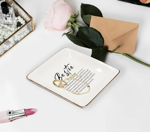 Vista 4 de WODMIS Bandeja de cerámica para joyas de mejor amiga, regalo de amistad, plato de joyería para anillo, regalo de amistad de graduación para mujeres