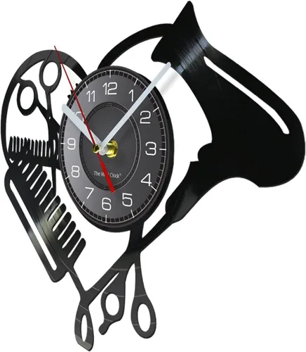 Vista 2 de Reloj de pared de 12 pulgadas, herramientas para peluquería, disco de vinilo, reloj de pared, peluquería, peluquería, secador, tijera, peine, diseño