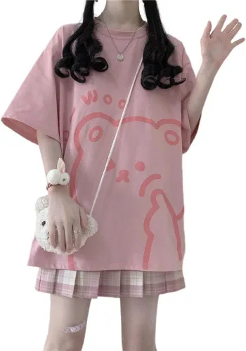 Vista 3 de Camiseta japonesa Kawaii con estampado de oso de dibujos animados para mujer, linda camiseta suelta para niña, color rosa, Rosado