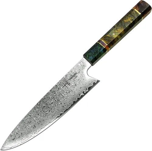 Vista 11 de Cuchillo de chef damasceno pequeño único de una pieza, mango profesional, cuchillo de cocina japonés de 6 pulgadas VG10 de 67 capas de acero