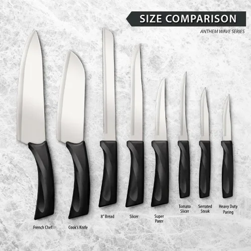 Vista 6 de Rada Cubiertos Serie Anthem Cuchillo Cortador (W407), hoja de acero inoxidable de 7 pulgadas, mango negro