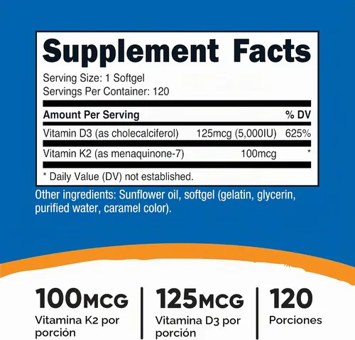 Vista 2 de Nutricost Vitamina D3 + K2 (5000 UI D3 / 100 mcg MK7) 120 cápsulas blandas, sin OMG Sin gluten