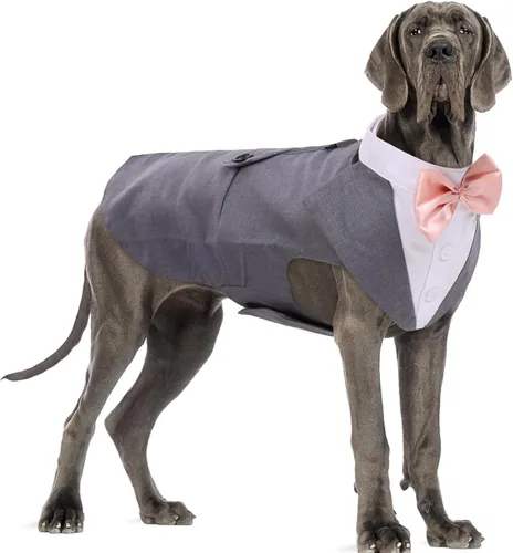 Vista 14 de DORA BRIDAL Esmoquin para perros pequeños, traje de perro y corbatín, traje formal de boda para perros, conjunto de esmoquin y bandana para Negro