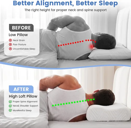 Vista 11 de Almohada de espuma viscoelástica, doble altura (4.7 y 6.1 pulgadas), almohada cervical de alto perfil para dormir de lado, almohada ergonómica