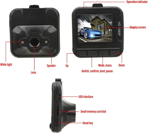Vista 6 de Cámara frontal para salpicadero, pantalla de 1.6 pulgadas, sensor de detección de movimiento de 1080P, grabadora de conducción de automóvil, tarjeta