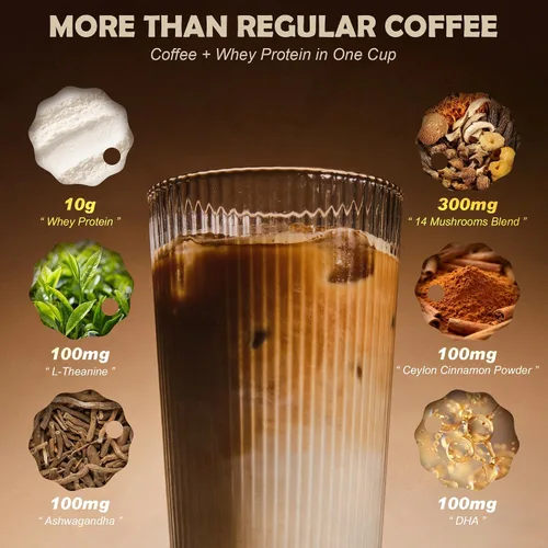 Vista 3 de Café proteico en polvo, café helado de proteína de suero Mezcla de 14 hongos con reishi y melena de león, L-teanina, ashwagandha y DHA Sin