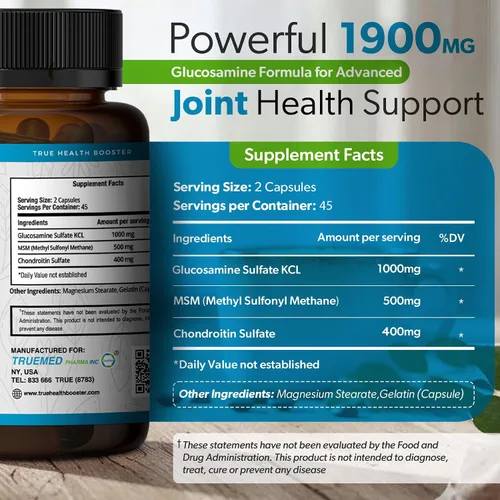 Vista 3 de Sulfato de glucosamina KCL con condroitina y MSM - Suplementos articulares para mujeres y hombres - Suplemento de glucosamina condroitina MSM