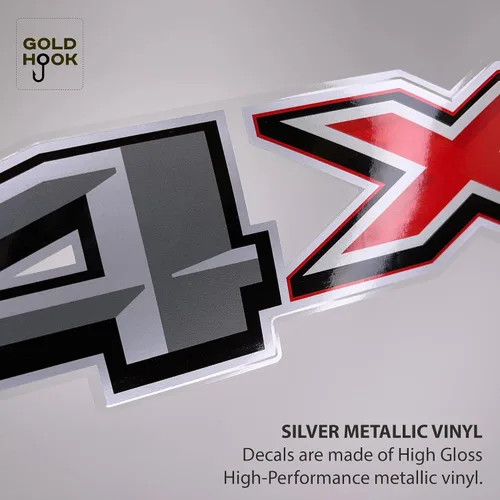 Vista 3 de Gold Hook Juego de 2 calcomanías 4x4 compatibles con Ford F-150 F-250 F-350 Super Duty - Serie Premium - Acabado metálico negro, gris, rojo