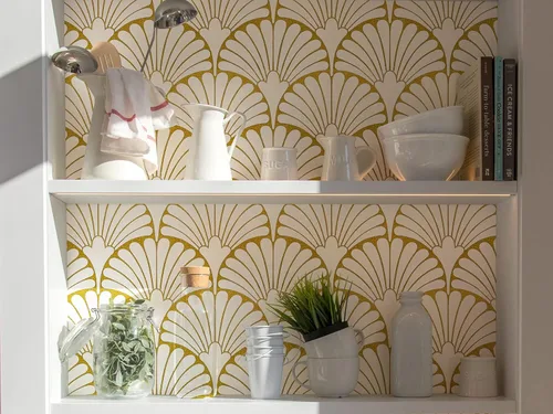 Vista 4 de MelunMer Papel tapiz dorado para despegar y pegar, papel adhesivo dorado bohemio para gabinetes, autoadhesivo, extraíble, para dormitorio/baño
