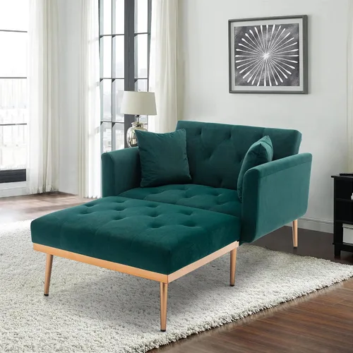 Vista 8 de Tumbona de terciopelo 2 en 1 para interiores, moderno sofá cama individual con dos almohadas, respaldo ajustable, silla reclinable convertible