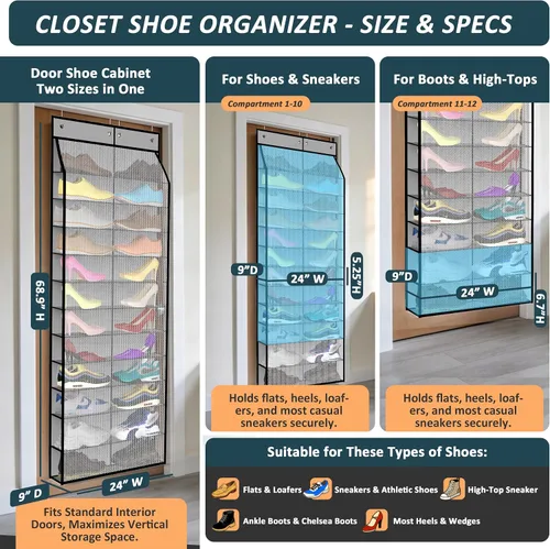 Vista 2 de Kotkn Organizador de zapatos para la puerta de 24 pares para la familia y los niños, de doble cara Almacenamiento colgante para tenis, botas